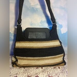 Crochet Shoulder Bag Purse Boho Style (Black / Tan)
